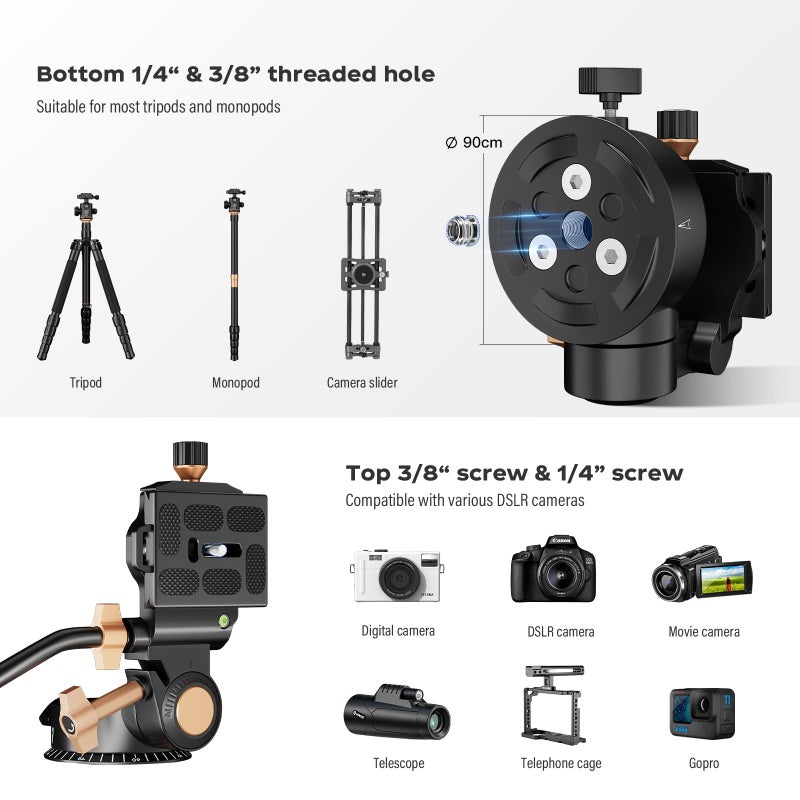 Soonpho Q-08S Heavy Duty Video Camera Tripod Fluid Drag Pan Head with Extended Handle for DSLR Camera,Camcorders,1/4 & 3/8 inch Screw Sliding Plate 360 Degree Rotating Tripod Head - Image 4